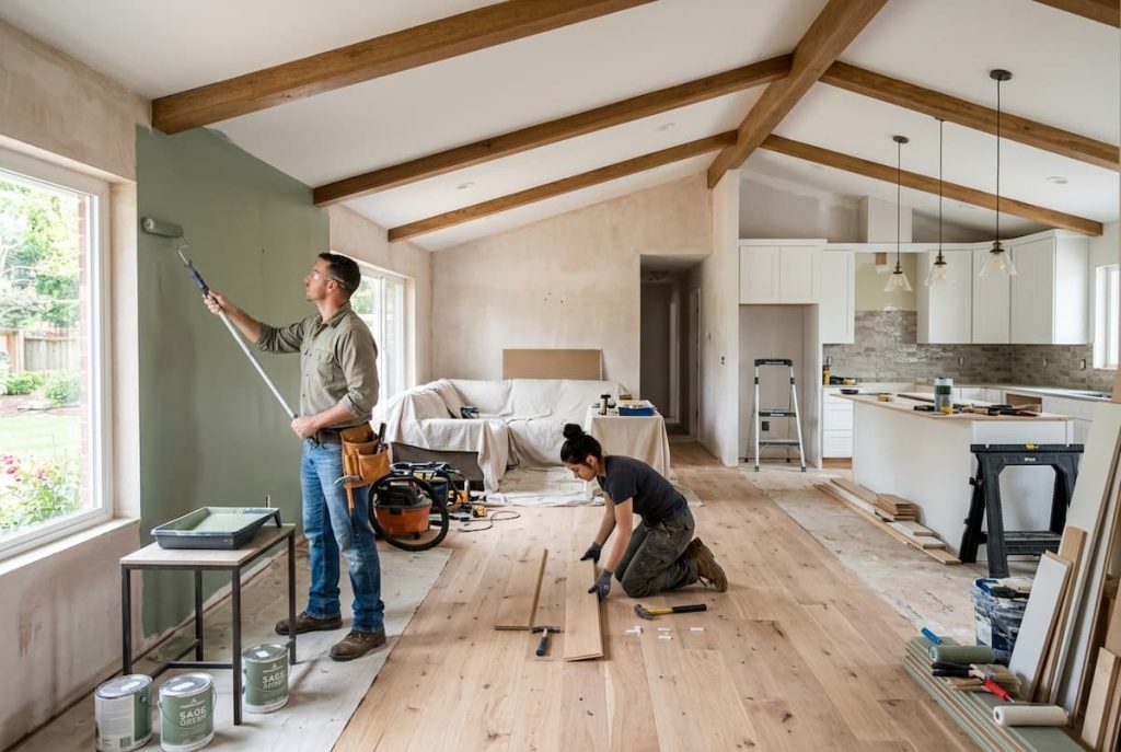 Two people tackle essential property maintenance in a home renovation; one paints a wall with a roller while the other measures wooden planks on the floor. Tools, paint tins, and equipment are scattered throughout the unfinished space as they work together on these crucial landlord jobs.