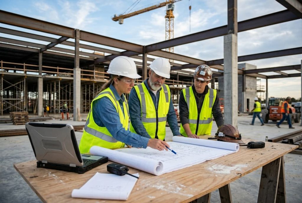 Three construction workers in safety gear review blueprints on a wooden table at an active building site with steel frames and cranes in the background, carefully focused on construction planning to avoid hidden costs and building mistakes.