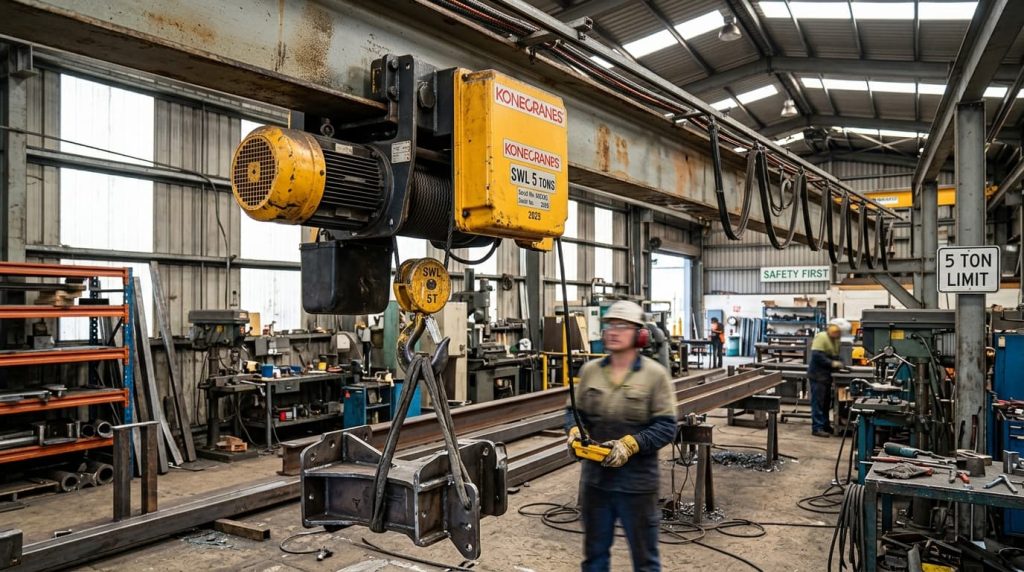 Worker operates overhead crane lifting metal part in a manufacturing workshop with machinery, steel beams, and safety signs visible.