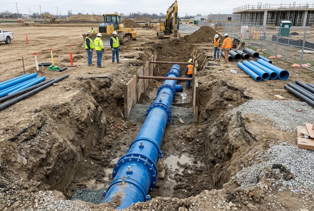 Construction workers install a large blue water pipe in a trench at a building site, as the contractor lays the new water main amid equipment, soil, and additional pipes.