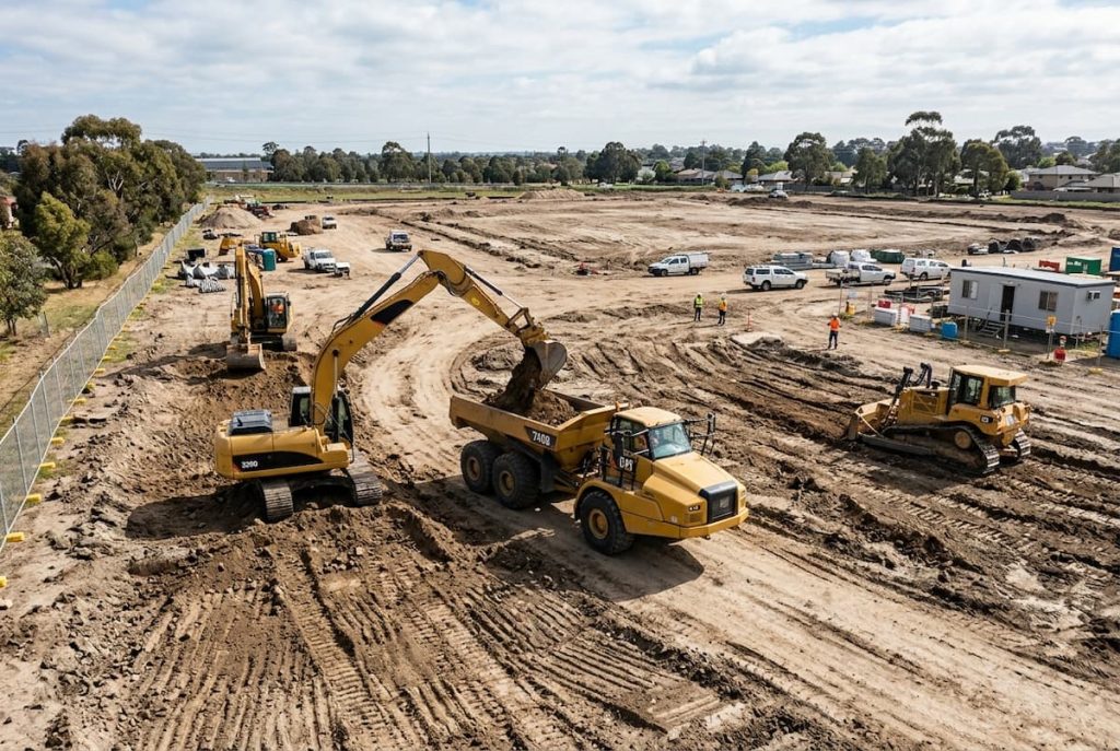 Excavators load earth into a tipper lorry on a large construction site, where workers, vehicles, and portable buildings in the background illustrate the ongoing construction site preparation.