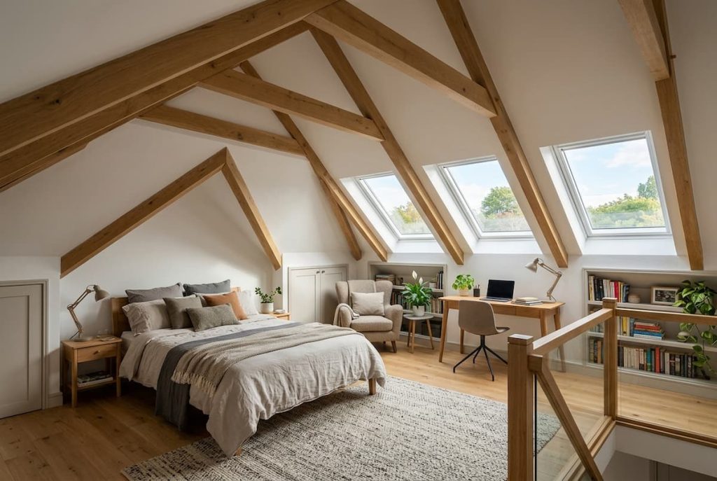 Loft bedroom with exposed wooden beams, a double bed, armchair, desk, bookshelves, rooflights, and indoor plants in a bright, modern setting—perfectly showcasing a thoughtful loft conversion that balances style with practical considerations.