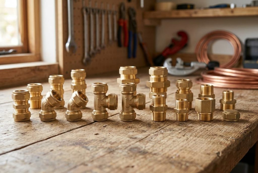 Brass plumbing fittings, including compression fittings of various shapes and sizes, are arranged in rows on a wooden workbench in a workshop, with tools and copper pipe visible in the background—an essential set-up for any dedicated home renovator.
