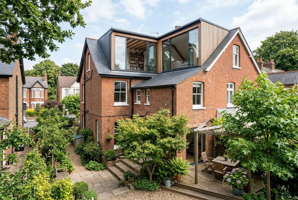 Two-storey brick house with a modern loft conversion, large windows, surrounding trees, patio area, outdoor seating, and a garden path. This stylish extension adds space while seamlessly blending contemporary design with natural surroundings.