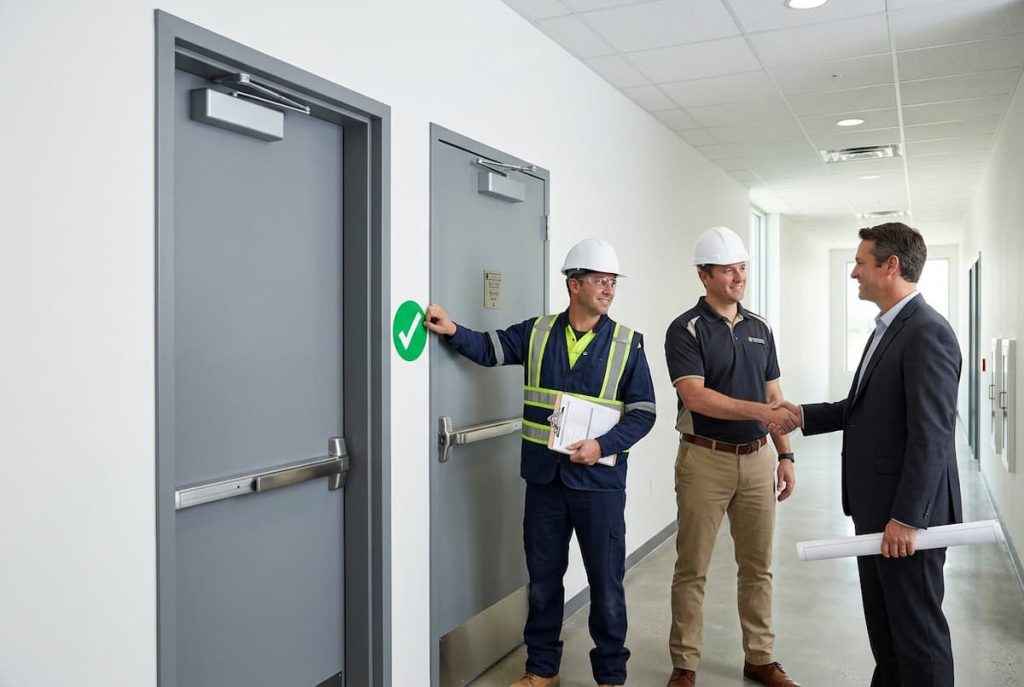 Two workers in safety gear and a man in business attire shake hands in a corridor near two grey doors, one marked with a green tick, symbolising successful fire door inspection and project handover.