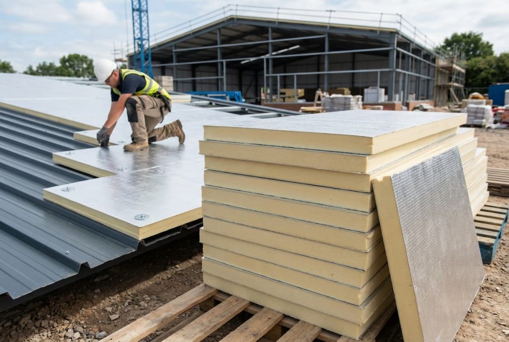A construction worker installs insulation panels on a metal roof, helping to save money on energy costs. In the background, a stack of conservatory roof insulation panels and a partially built industrial building can be seen.