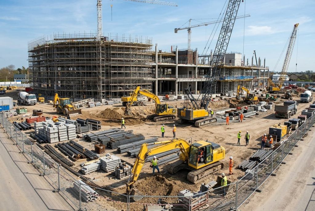 Construction site with cranes, scaffolding, diggers, building materials, and workers in safety gear actively working on a multi-storey building under clear skies—a testament to how construction companies manage complex project pipelines whilst maintaining efficient operations.
