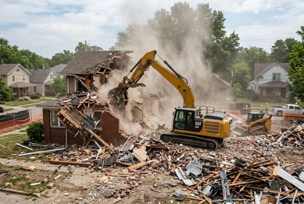 A yellow digger undertakes the demolition of a two-storey brick house, creating dust and debris, while nearby houses and trees stand in the background—a process that highlights the importance of asbestos awareness during refurbishment projects.
