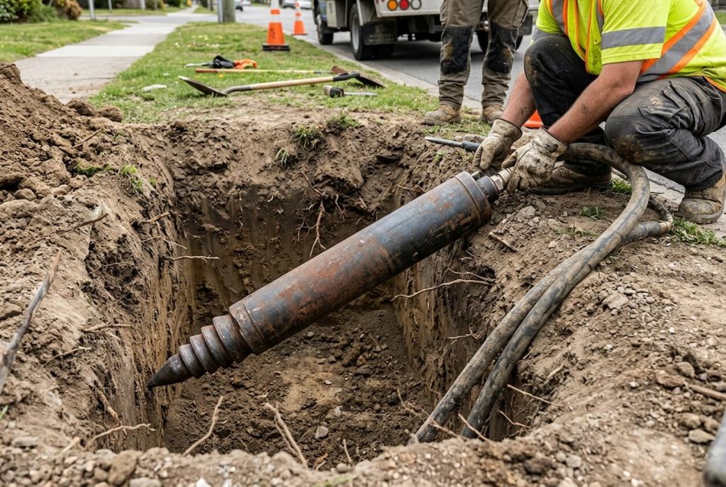 A worker in a safety vest places a large metal pipe or boring tool, commonly used for pneumatic piercing, into a trench dug along a roadside, with equipment and other workers nearby to meet specific equipment requirements for short service crossings.