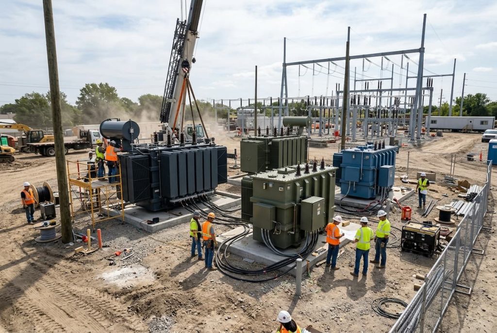 Workers in safety gear install and inspect electrical transformers and equipment—carefully distinguishing between step-up and step-down transformers—at an outdoor power substation construction site.