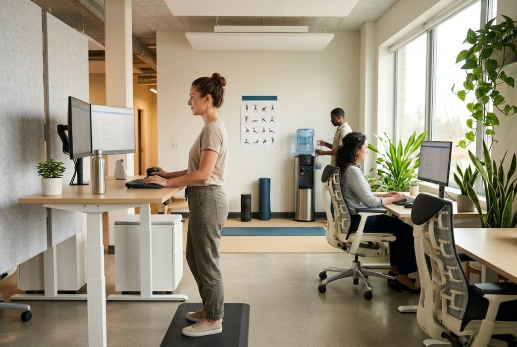 Three people work in a modern office; one stands at a desk, another sits at a computer, and a third uses a water cooler. Large windows and plants create a bright, open atmosphere that reflects the company’s commitment to Occupational Health Awareness.