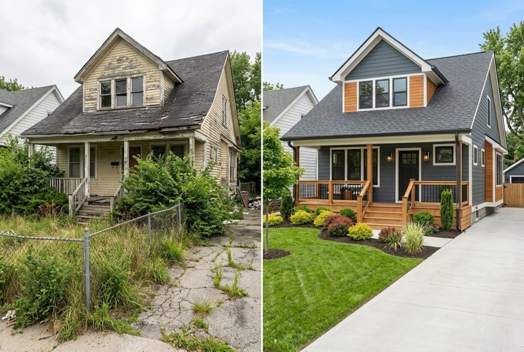 Side-by-side comparison of a dilapidated house with overgrown garden on the left and a renovated, well-maintained house with fresh landscaping on the right, showcasing a successful property turnaround.