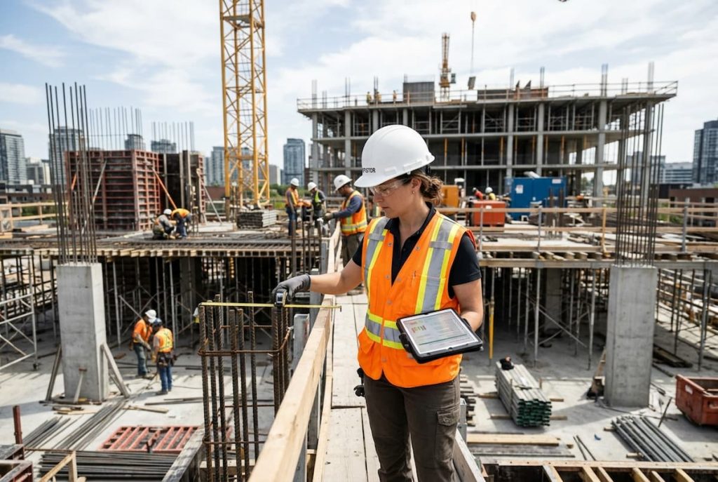 A construction worker wearing a safety vest and helmet inspects reinforcement bars and holds a tablet at an active building site with multiple workers and equipment in the background, demonstrating the importance of construction quality and thorough construction inspections.