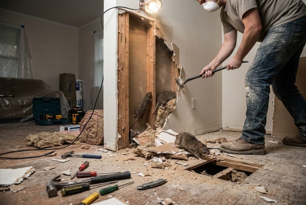 A person in work clothes removes plasterboard with tools scattered nearby; several rats are visible inside the exposed wall cavity and on the floor, highlighting the importance of pest control during renovations—a concern often addressed by experienced Bromley builders.