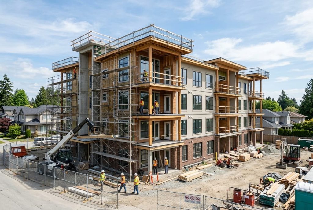 Construction workers building a multi-storey block of flats, surrounded by scaffolding, materials, and machinery on a clear day, implement strategies to reduce construction delays and ensure the project stays on schedule.
