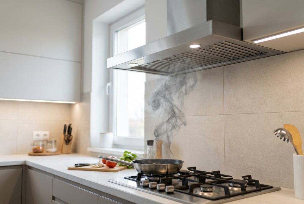 A frying pan with rising steam sits on a gas hob in a modern kitchen, with vegetables and utensils on the worktop nearby, while an effective smoke ventilation system helps keep the air clear.