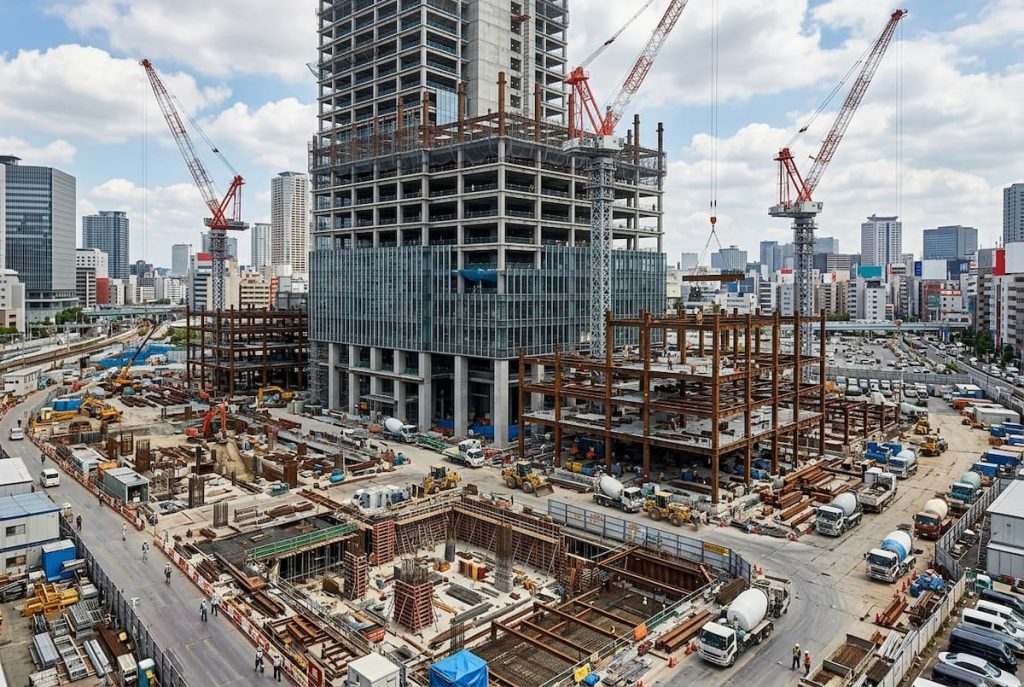 A large commercial construction site with cranes and steel frameworks showcases a high-rise building being constructed in a city, where numerous other buildings are visible in the background. This impressive project highlights the vital role of structural engineering in shaping the urban skyline.