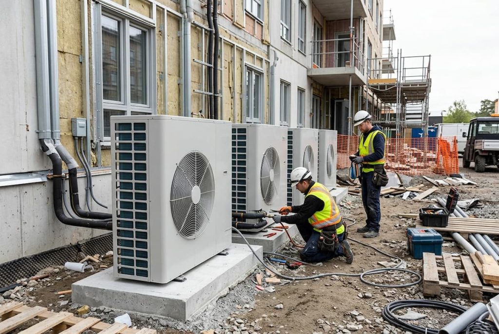 Two workers in safety gear install or service large air source heat pumps outside a building under construction, with tools and construction materials scattered about.