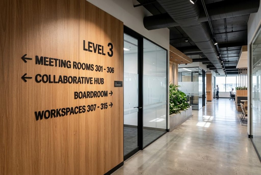 Modern office corridor with a wooden wall sign showing directions to meeting rooms, a collaborative hub, boardroom, and workspaces on level 3; glass doors and plants line the corridor, exemplifying thoughtful Office Signage as part of expertly executed Commercial Fit-Outs.