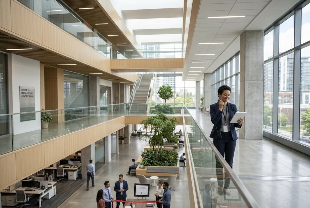 Modern office atrium with people working and talking; one person stands on an upper walkway using a tablet, possibly handling facilities management tasks. Open layout, glass balustrades, indoor plants, and city view visible through large windows.