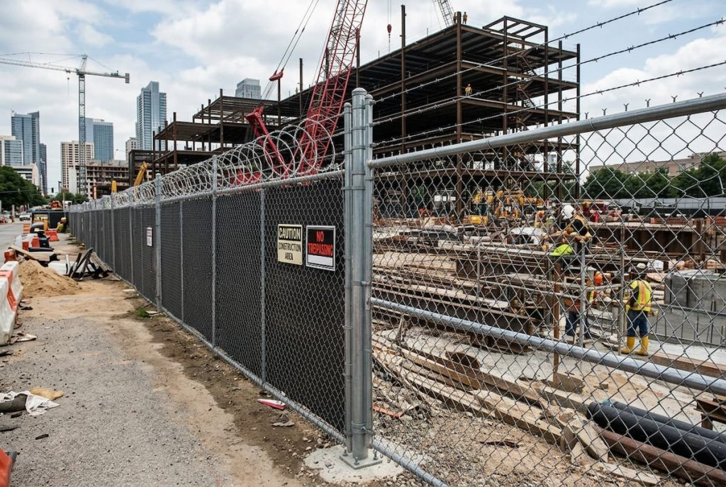 Construction site behind a chain-link fence with warning signs, steel framework of a building, cranes, workers, and city skyline in the background—an active hub where construction projects take shape and building materials are expertly handled.