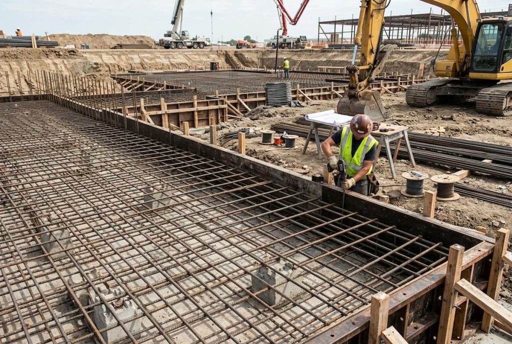 Construction worker secures steel rebar on a building foundation at an active construction site with heavy machinery and materials in the background, demonstrating reliable construction foundation design and expertise often provided by a trusted geotechnical firm.