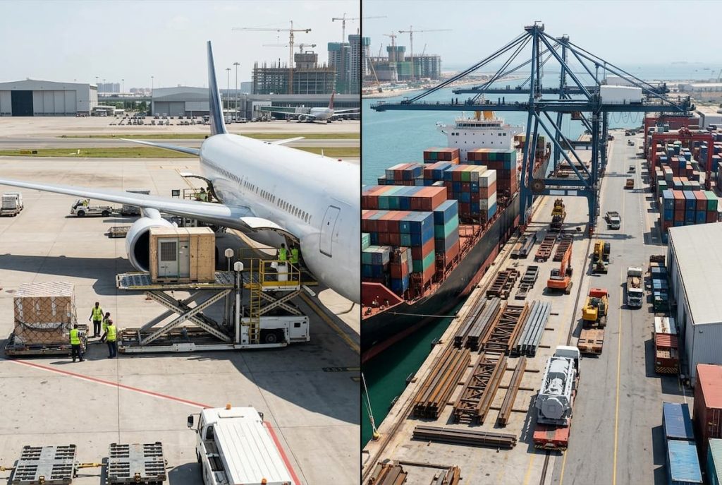 Composite image: left shows Air Freight cargo being loaded onto an aeroplane at an airport; right shows containers being unloaded from a ship at a busy port with cranes and workers, illustrating the critical role of Sea Freight in global logistics.