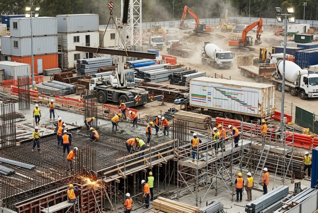 Construction site with workers in safety vests, cranes, lorries, and heavy machinery. Workers are assembling steel reinforcement bars and operating equipment to meet tight data centre schedules and support timely commissioning of the facility.