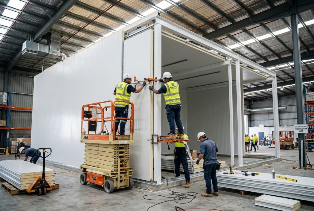 Four construction workers in safety gear assemble large white panels for a modular building—ideal for cold storage installation—inside a warehouse using lifts, tools, and scaffolding; additional workers and materials are nearby.
