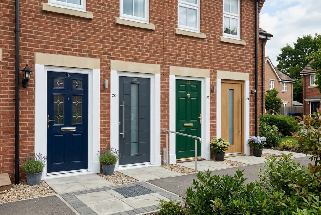 Four brick terraced houses with numbered external doors in blue, grey, green, and wood tones; each has a small entrance with potted plants and paved paths—perfect features to consider for any specifier’s checklist or future housing upgrades.