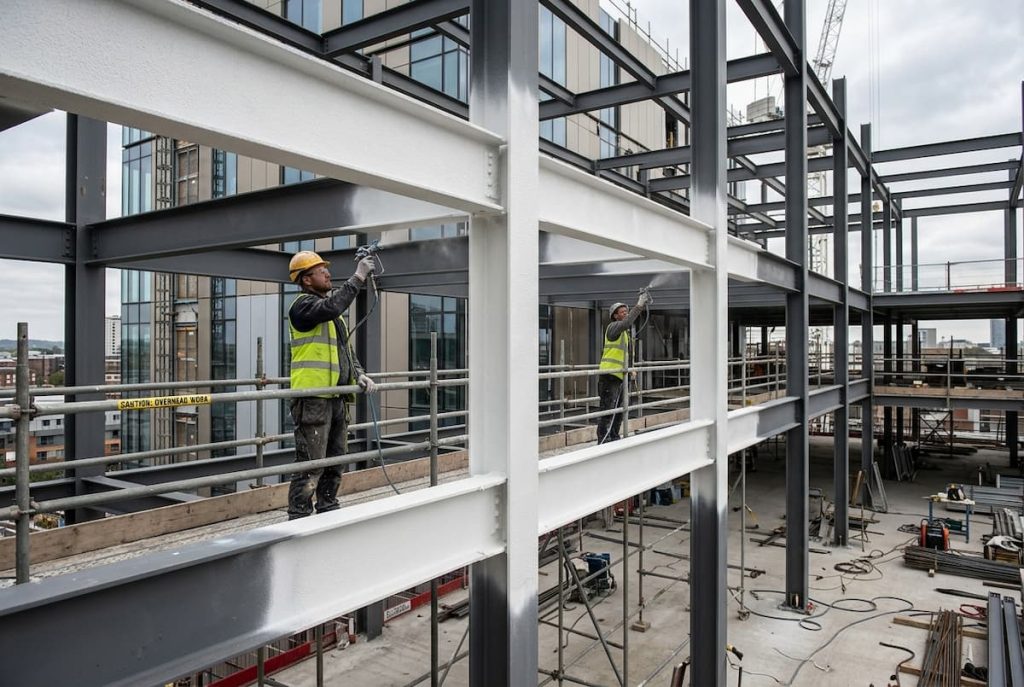 Two construction workers in safety gear spray intumescent paint onto steel beams on the frame of a multi-storey building under construction, providing essential fire protection for the structure.