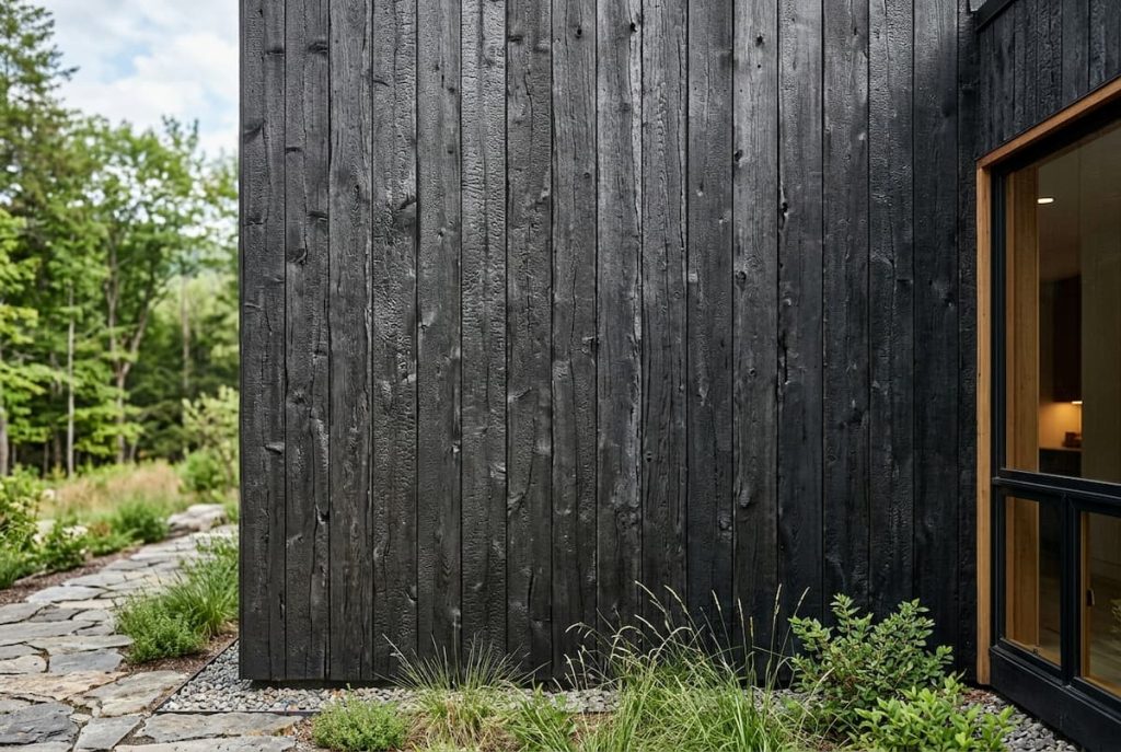 Black wooden cladding using charred timber on a modern house, with a stone path and green plants surrounding the building; window visible on the right—a striking example often featured in UK projects seeking both style and durability.