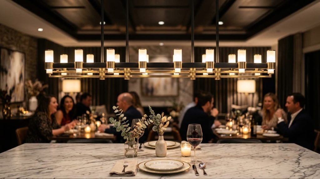 A marble dining table with two place settings and a wine glass is in focus; people dine at tables in the softly lit, elegant restaurant background, where modern lighting creates a warm and inviting ambience.