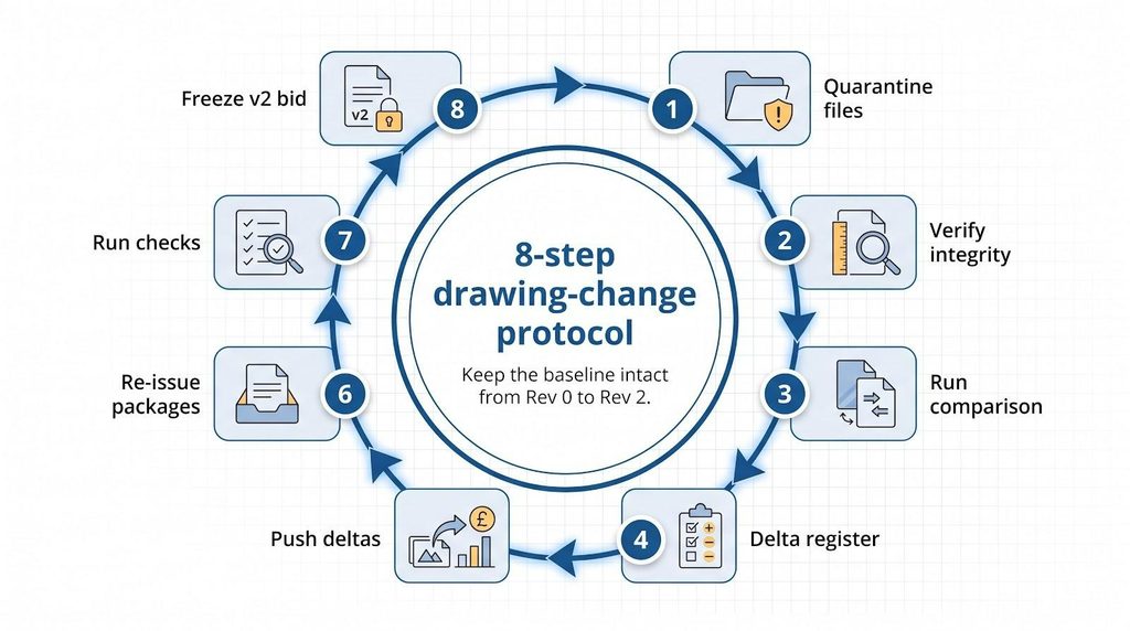 Diagram of an 8-step drawing-change protocol, showing a circular flow from quarantine files to re-issuing packages, preserving the baseline from Rev 0 to Rev 2.