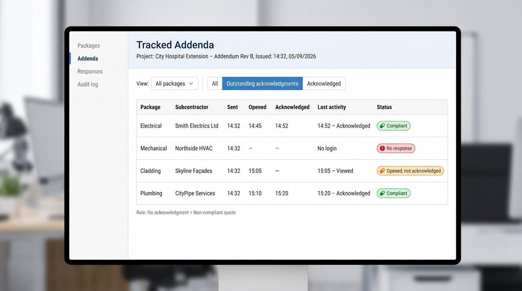 A computer screen displays a project management dashboard with a table tracking addenda acknowledgements for various contractors and their compliance status, seamlessly integrating construction estimating software to enhance bid accuracy when drawings change.