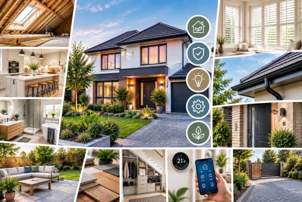 Collage of modern house exterior and interior rooms, smart home icons, a person holding a mobile phone with an app, and organised storage and outdoor patio scene—highlighting smart home improvement solutions that add long-term value to your living space.