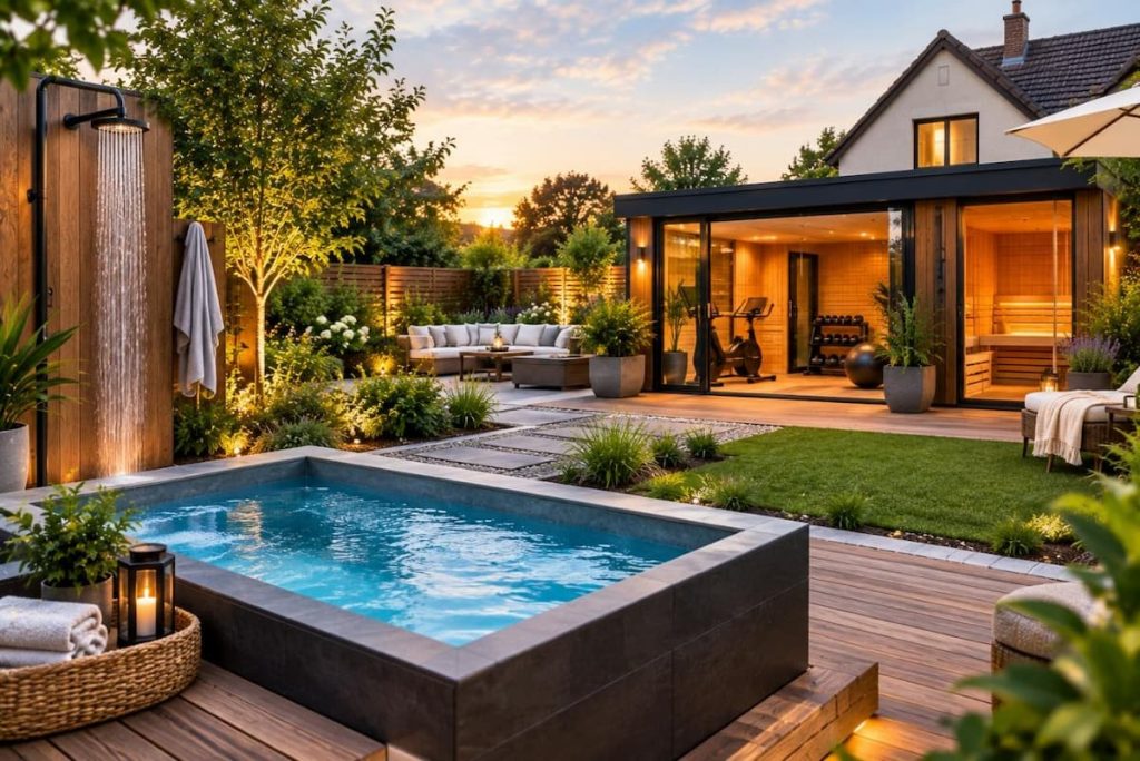 Modern back garden with a small rectangular pool, outdoor lounge area, gym in a glass building, garden plants, and wooden decking at sunset—perfectly blending modern home design with inspiring outdoor wellness spaces.