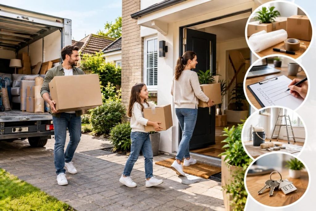 A family carries moving boxes into a house. Inset images show packing supplies, a checklist, wrapped items, packing tape, and keys on a keyring—each essential for anyone looking to plan a home move with ease.