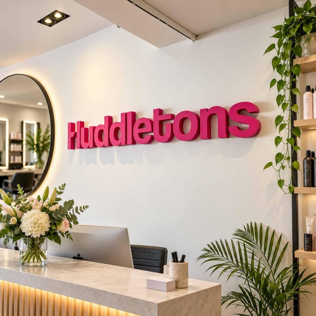 Reception desk with flowers and office supplies in front of a white wall featuring striking office signage—“Huddlestons” in large pink letters—surrounded by plants and shelves with hair products, creating a welcoming example of thoughtful commercial fit-outs.