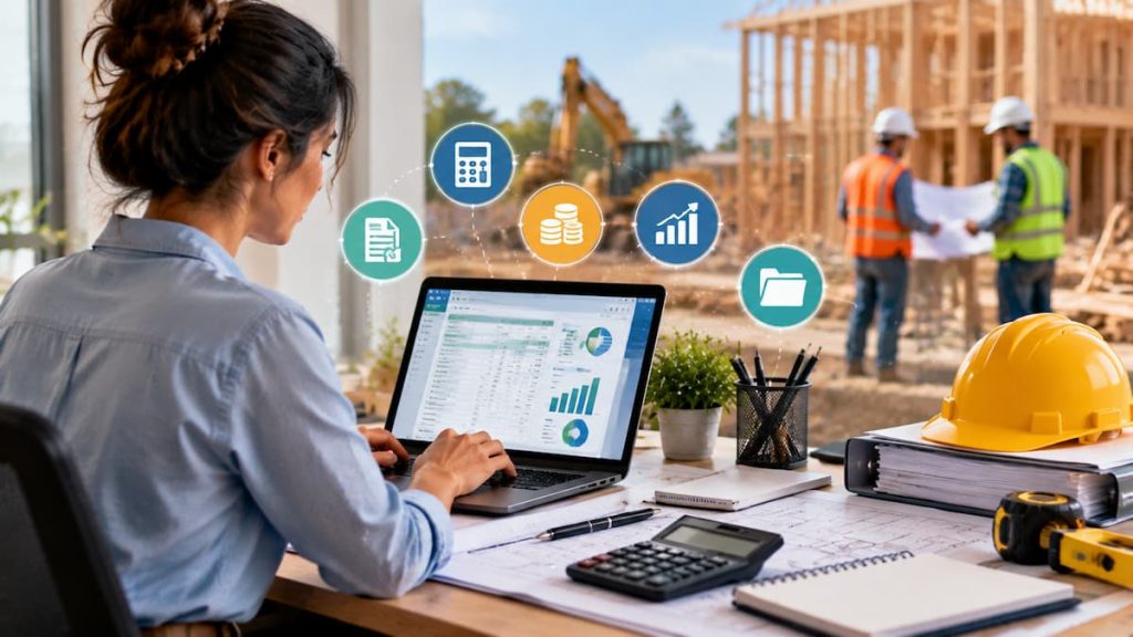 A woman works on a laptop with charts on the screen at a desk near a construction site, with financial and project management icons overlaid—highlighting the importance of Virtual Assistant Bookkeeping for construction firms.