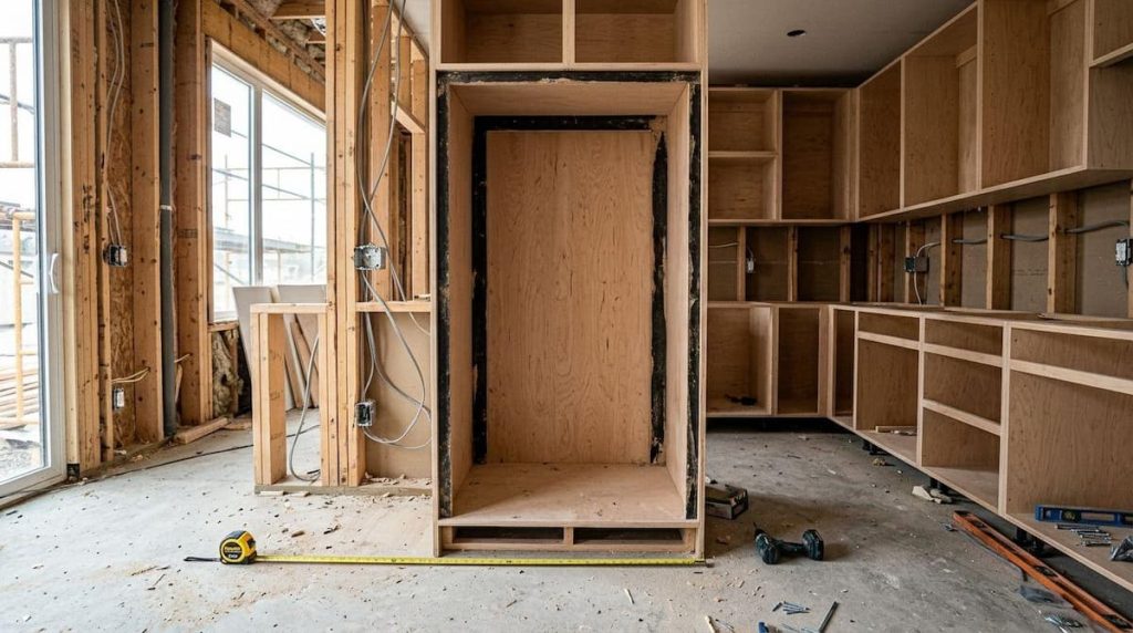 Unfinished kitchen interior with wooden cupboards being installed; tools and a measuring tape are on the floor amidst exposed framing and wiring, highlighting the first fix stage of kitchen fit-out planning.
