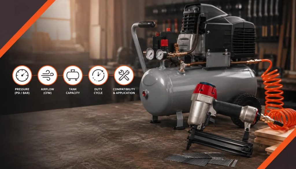 Air compressor and nail gun on a workbench with orange hose, nails, and icons showing pressure, airflow, tank capacity, duty cycle, tool requirements, and compatibility factors—perfect for ensuring your pneumatic tool operates efficiently.