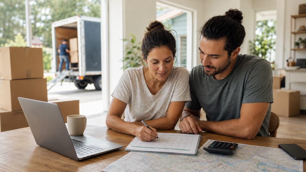 A couple sits at a table with a laptop, map, and calendar, planning the best time to move across the country while moving boxes and a lorry are visible outside, hoping to save money on their removal.