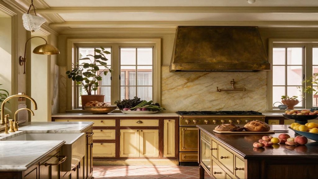 A sunlit modern British kitchen with brass fittings, marble worktops, a large gold cooker hood, fresh produce, and bread on a wooden island.