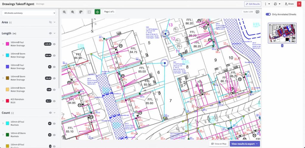 Digital construction draughting with highlighted sections, measurements, colour-coded lines, annotation markers, and a sidebar showing filter options for area, length, and count on the left—ideal for those conducting a civil engineering software review or comparing free vs paid civil engineering software.