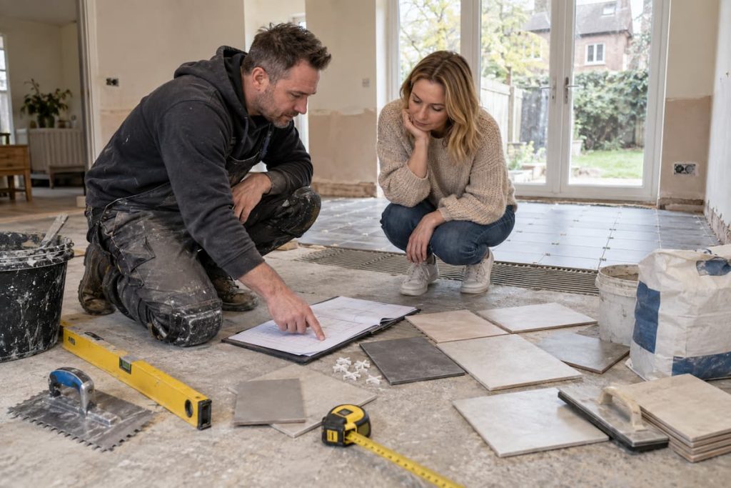 A tiler and homeowner review an itemised quote beside tile samples and fixing materials in a UK renovation. A man and woman examine tile samples and plans on the floor of a room undergoing renovation, surrounded by tools and materials, as they discuss the tiling cost per m² UK to ensure their all-in quote fits within budget.