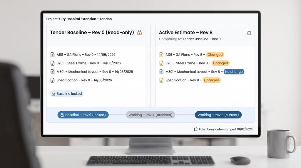 A computer screen displays a project management dashboard comparing tender baseline documents to active estimates for a hospital extension project, utilising construction estimating software to enhance bid accuracy.