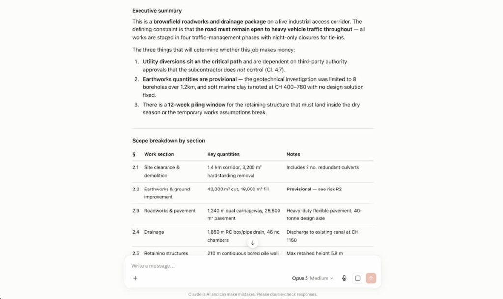 A project summary and scope table detail road and drainage works, design constraints, and work breakdown by section—including provisional and confirmed quantities. This overview can help guide decisions regarding the selection of civil engineering design software, as understanding the project requirements is key when reviewing free vs paid civil engineering software options.