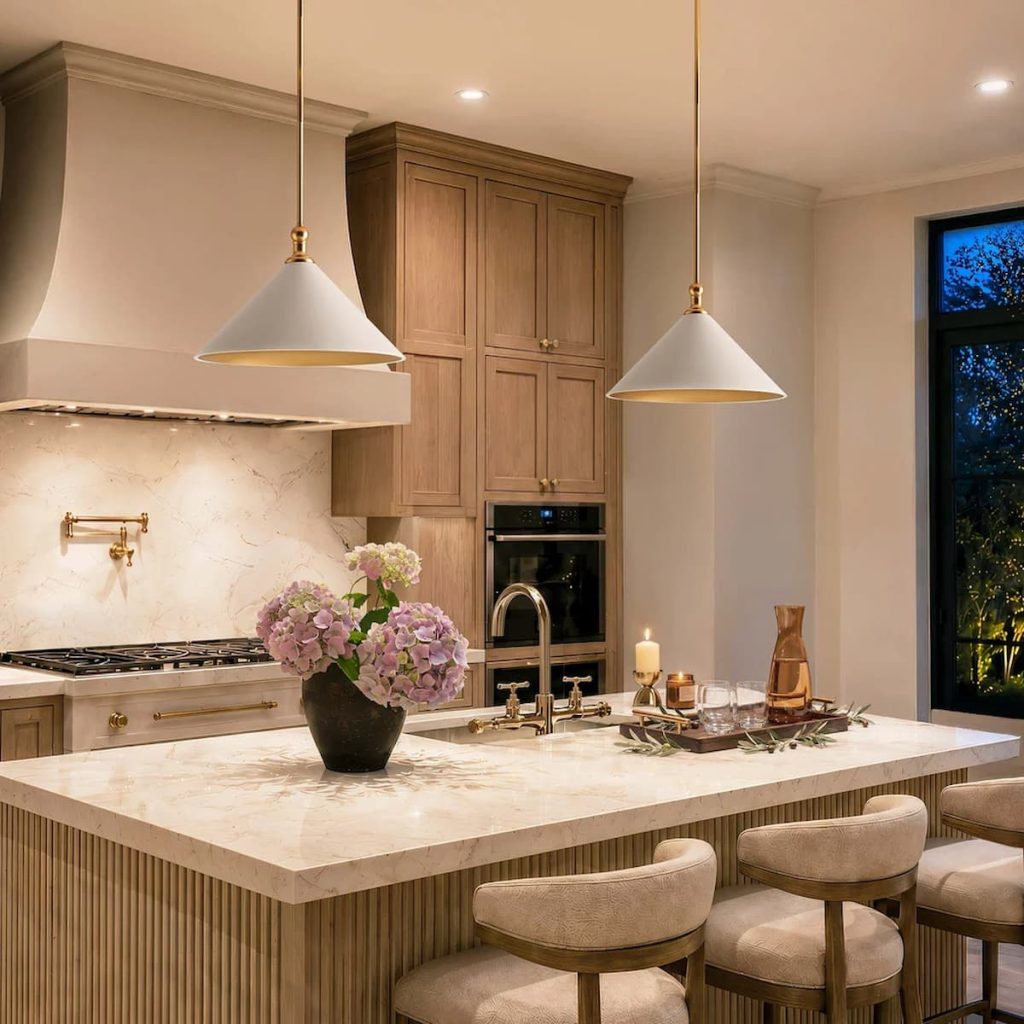 Modern kitchen with a marble island, wooden cupboards, pendant lights, upholstered bar stools, and a vase of pink hydrangeas on the worktop.