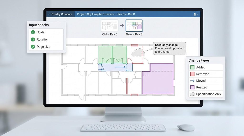 A computer monitor displays a floor plan comparison, powered by advanced construction estimating software, with overlays for input checks and change types including added, removed, moved, resized, and specification-only changes. This streamlined drawings change review process enhances tender accuracy and project efficiency.